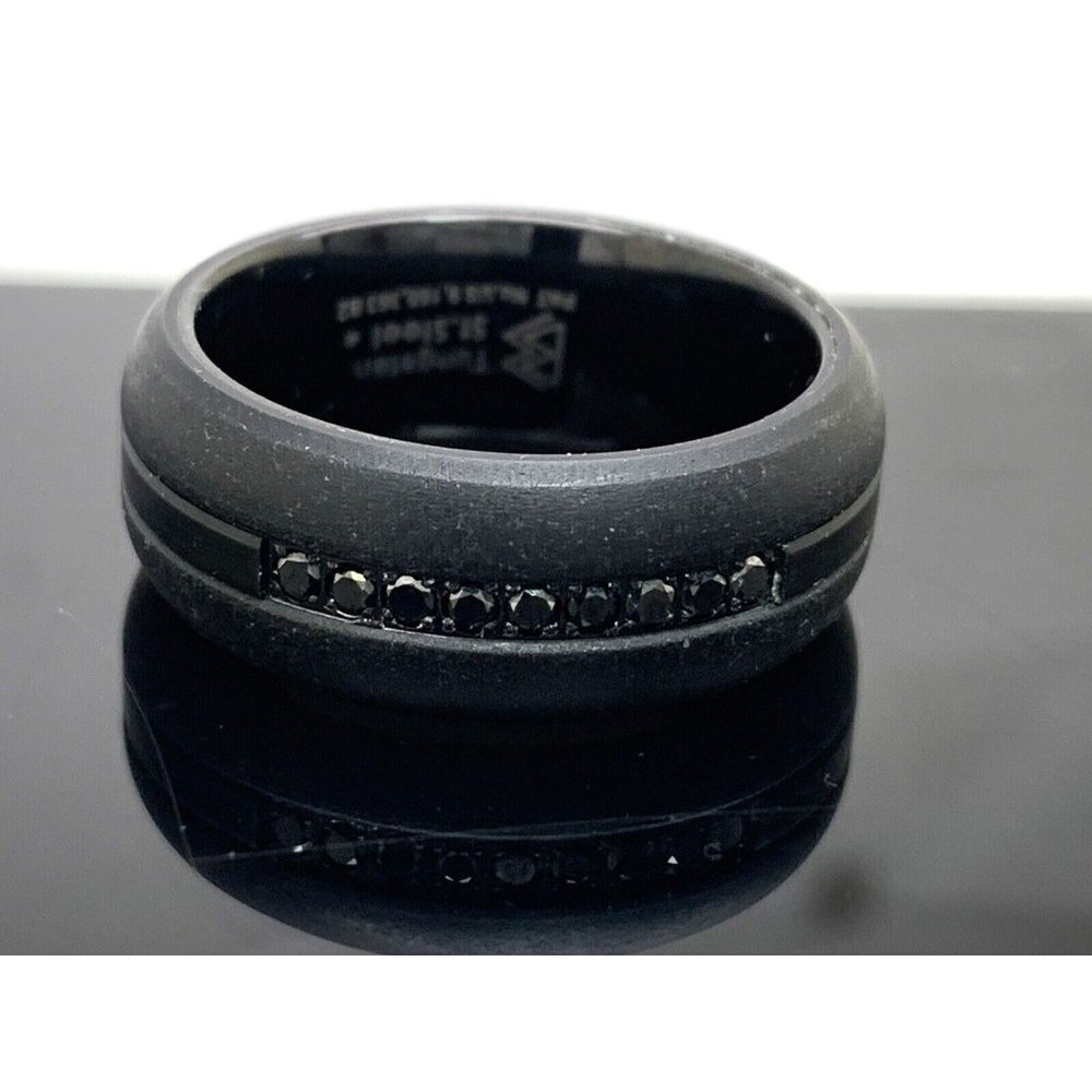 Men's Wedding Band Tungsten Steel Black Gemstones 9mm Wide Ring Size 10